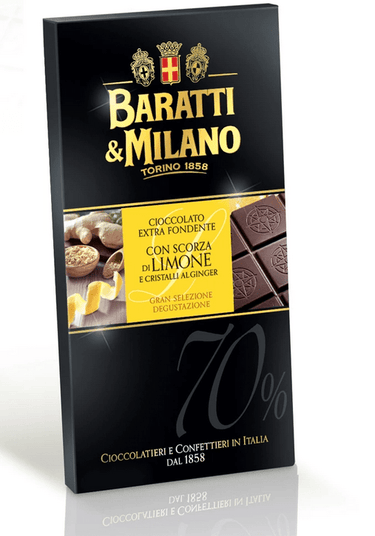Tavoletta di cioccolato Extra fondente 70% Con Scorza di Limone e cristalli al giger - Rosato Vini